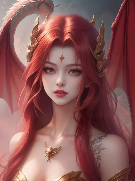 Anime girl with red hair and wings, 
dragon girl, Dragon Queen, queen of dragons, dragon girl Portrait, by ヤン・J, beautiful succu...