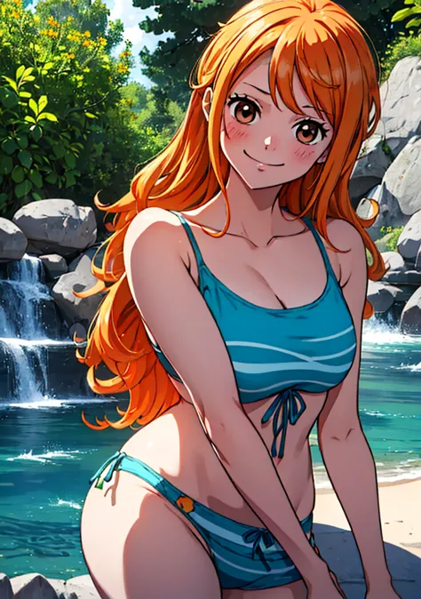 Nami from one piece,very light orange and yellowish haired girl,beautiful brown eyes, blushing cheeks,in a clouds in the sky smi...