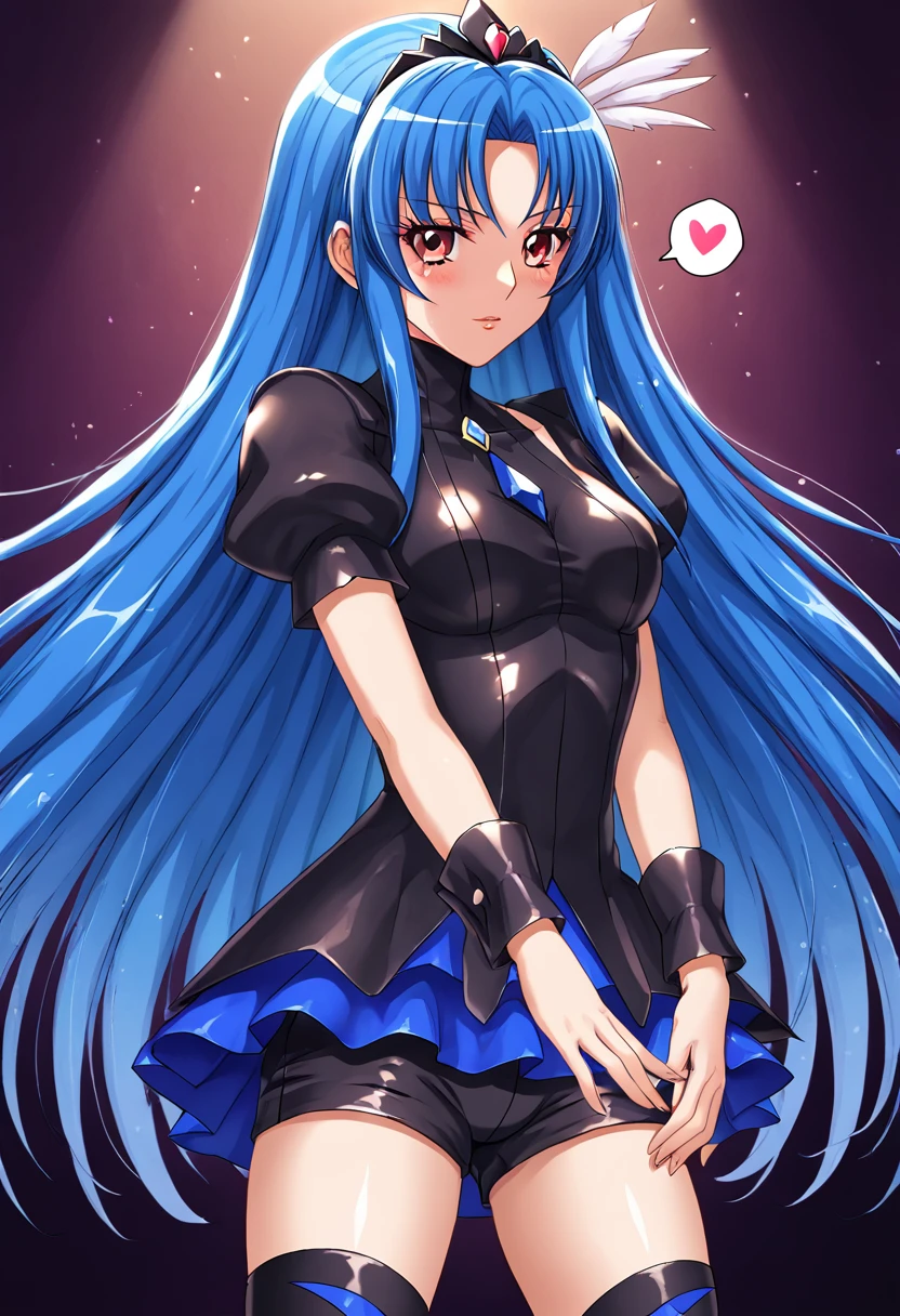 Highest quality, Very detailed, masterpiece, anime, One Girl, alone, Cure Sky,Blue Hair,Long Hair, Feather hair ornament, skirt. tiara, Wrist cuff, (Black shorts), Black shorts under skirt, boots, (Shiny fabric), Cowboy Shot, Black Gemstones, Are standing, blush, (Beautiful details), Very detailed顔, Perfect lighting, Extremely detailed CG, (Perfect hands, Perfect Anatomy), Shiny material, Blue Ribbon, jewelry, Latex Gloss,Red Eye,Dark aura,Straight hair,Blackwing,Black Dress,ロングskirt,spoken heart,heart