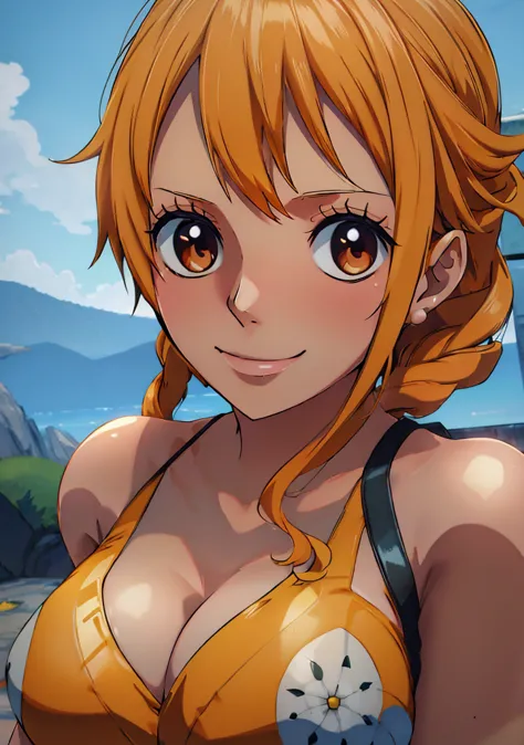 nami from one piece,very light orange and yellowish haired girl,beautiful brown eyes, blushing cheeks,in a clouds in the sky smi...