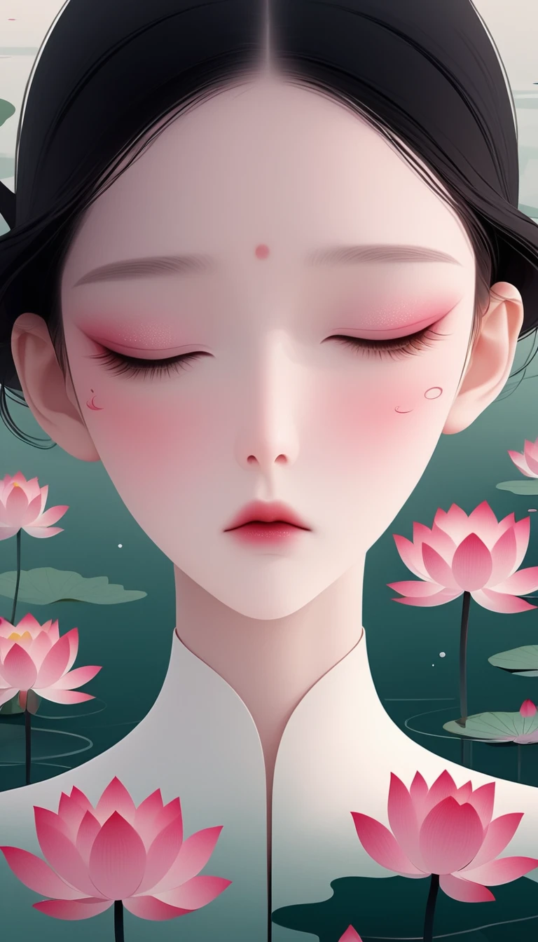 vector，Flat form，illustration，The Minimalists，数字艺术illustration，Pink hue，Abstract，artistic conception，A girl，Pretty Face，Black Hair，Lotus pond，Diving sensation，Upper white space。