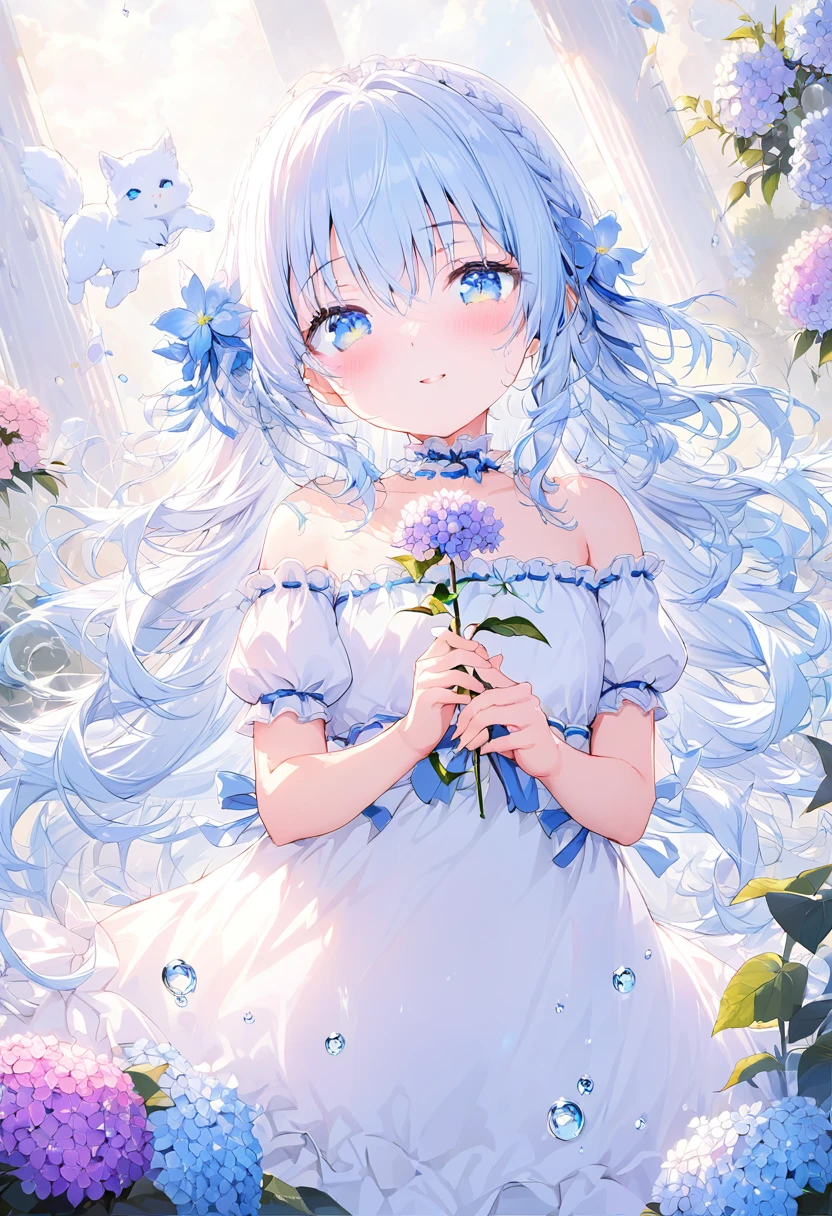 masterpiece, best quality, extremely detailed, (illustration, official art:1.1),adorable  face、 1 girl ,(((( light blue long hair)))),pale blue hair,, long hair ((blush)) , cute face, big eyes, masterpiece, best quality,(((((a very delicate and beautiful girl))))),Amazing,beautiful detailed eyes,blunt bangs((((little delicate girl)))),tareme(true beautiful:1.2), sense of depth,dynamic angle,,,, affectionate smile, (true beautiful:1.2),,(tiny 1girl model:1.2),)(flat chest)、(masterpiece,8k wallpaper, best quality),(best illumination, best shadow, an extremely delicate and beautiful),
flower,1girl,white flower,blue flower,long hair,hydrangea,solo,

bubble,dress,purple flower,lily \(flower\),
rainbow,
bare shoulders,parted lips,water drop,animal,collarbone,blue eyes,very long hair,off shoulder,
white dress,air bubble,looking at viewer,bangs,braid,pink flower,holding flower,short sleeves,breasts,hair between eyes,bow,puffy sleeves,
off-shoulder dress,blue bow,puffy short sleeves,
lolita fashion,frilled dress,frilled blue choker,