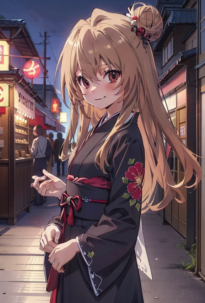 taiga aisaka, taiga aisaka, Long Hair, Brown Hair, Brown eyes,happy smile, smile, Close your mouth,Hair Bun, single  Hair Bun,hair ornaments,Black kimono,Thick sleeves,,Japanese Festivals,Summer festival food stalls,Red lantern,night,As if your whole body is in the illustration,Walking,　　　　　　　　　　　　　　　  break looking at viewer, Upper Body (Cowboy Shot:1. 5),  　　　　　
break outdoors, Area,
break (masterpiece:1.2), Highest quality, High resolution, unity 8k wallpaper, (shape:0.8), (Beautiful attention to detail:1.6), Highly detailed face, Perfect lighting, Highly detailed CG, (Perfect hands, Perfect Anatomy),