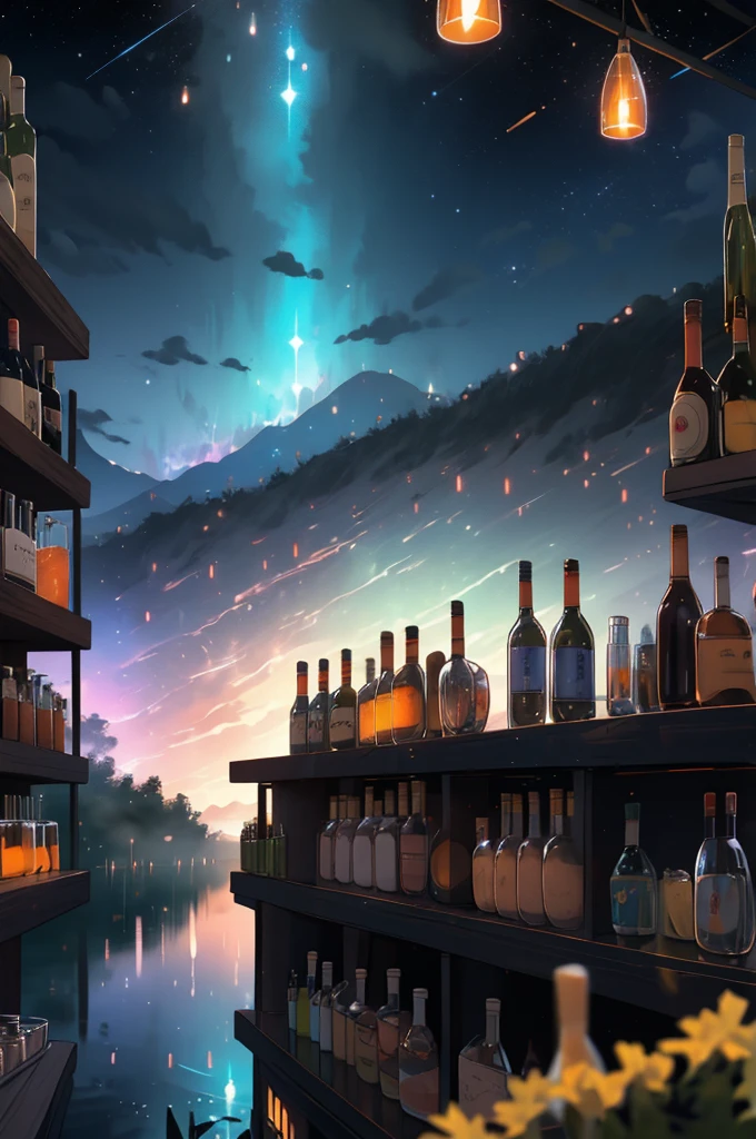 masterpiece, Highest quality, Bottle,  Fantasy, bar, Cityscape, Wide Shot, City lights, night null,  star \(null\),  starry null, (bar in the null:1.2), Blurred, (misty lake:1.3), 