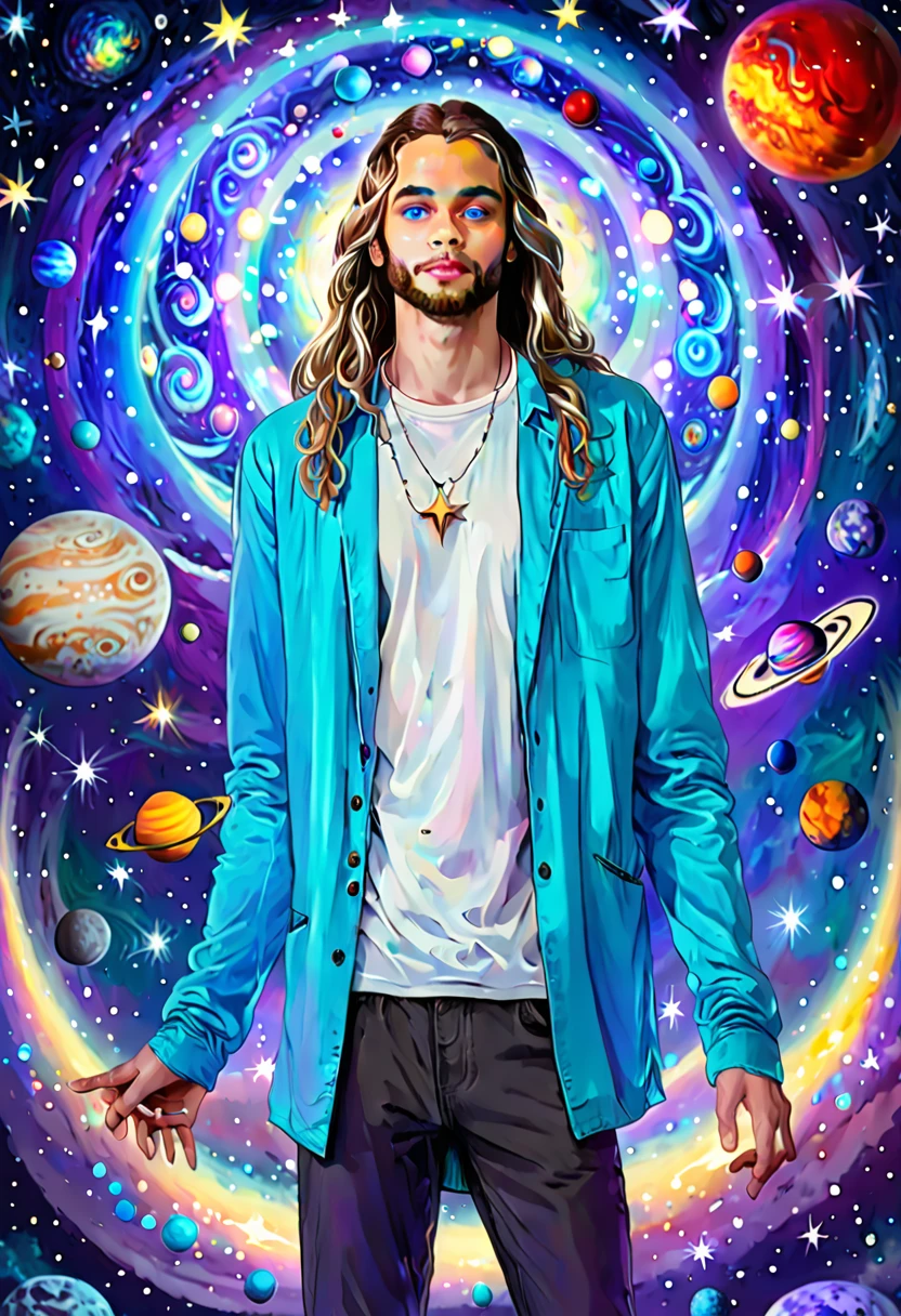 Light-skinned young full body man, with light blue eyes and long hair, wearing modern clothes. He has a halo with unusual shapes above his head and is floating in space. In the background there are bright stars, spiral galaxies and several planets of different sizes and colors.