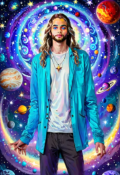 Light-skinned young full body man, with light blue eyes and long hair, wearing modern clothes. He has a halo with unusual shapes...