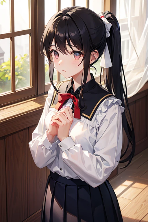 By the window of a classroom、Stand up straight、With your head slightly lowered、Staring out the window、Girls in uniform。The uniform、White blouse with navy blue pleated skirt、Tying a red ribbon。The collar of the blouse is slightly open、White skin peeking out from the neck。The skirt、Above the knee、The pleats are fine、It is carefully sewn。Girls、Long black hair tied in a high ponytail、Her bangs are slightly visible and are hanging over her eyes.。Big eyes, bright blue、It&#39;s just a little moist、I&#39;m fascinated by the view outside the window。His eyes are fixed on the distance,、Her cheeks are slightly red、Biting my lip lightly。From under the skirt、A little bit of her white panties are showing。Girls、With a slightly nervous look、Both shoulders are slightly rounded。Her legs are、Standing naturally、Standing on tiptoes。

The light comes in through the window、It casts a soft shadow on the girl&#39;s hair and uniform.。In the classroom、Wooden desks and chairs are lined up.、On the blackboard「Today's challenge is〇〇is」The word is written。On the desk、Textbooks and notebooks are placed、Next to the girl、There is an empty coffee cup。

The entire image is、Bright、In a warm atmosphere、The girl&#39;s slightly nervous expression and、From a gaze gazing into the distance、Like I&#39;m expecting something、That feeling is conveyed。

(picture detail)

* The number of fingers is exactly、Joints are naturally shaped。In the palm of your hand、As you can see, I&#39;m a little sweaty.。
* The hair is smooth and shiny、Image of something fluttering in the wind。By the way the light hits、So that you can see the three-dimensionality of your hair。
* The texture of the uniform is well expressed.、Makes wrinkles and creases look natural。especially、Focus on expressing the pleats on the skirt。
* A girl&#39;s body、Carefully drawn down to the smallest detail、To make muscles and bones look natural。
* Background、A classroom-like atmosphere、Wooden desk and chair、Drawing on a blackboard etc.。On the desk、Textbooks and notebooks are placedている。
* The light source is the light coming in through the window.、Cast natural shadows on the girl&#39;s body and background。Be aware of the intensity of light and the shade of shadow。
* Overall、Bright、A warm atmosphere。The color usage is、In pastel tones、For a gentle impression。