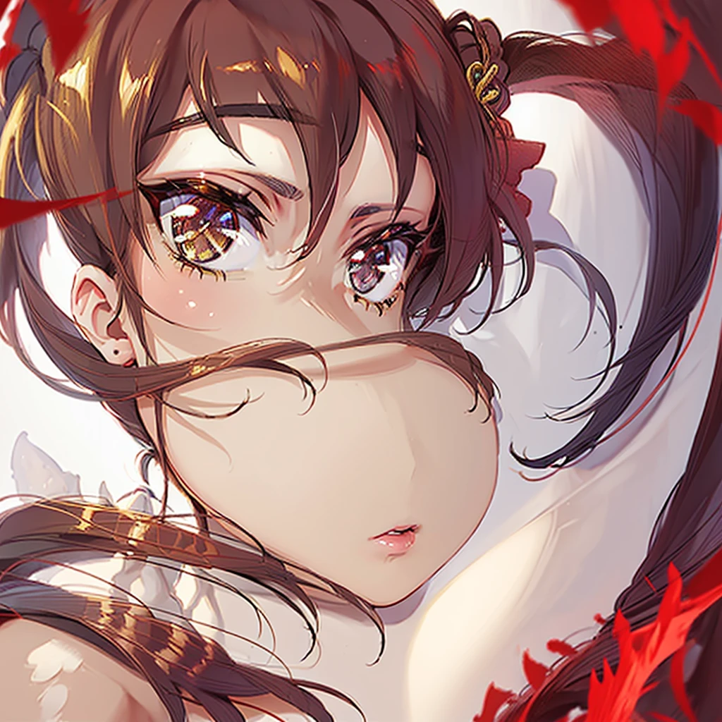 (best quality, masterpiece:1.2), 1girl, (portrait), close up,  houshouBikini, heterochromia, red eyes, yellow eyes, ponytail, long hair, jewlery,  