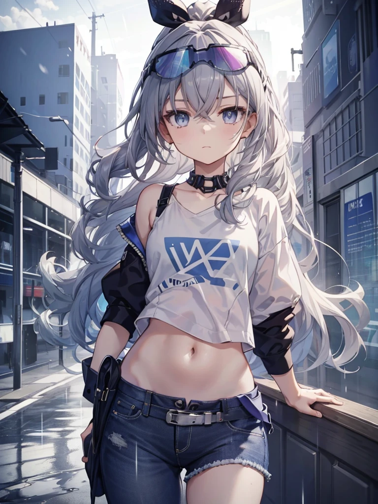 An exquisite masterpiece, best quality, illustration style, Anime girl with curly hair, beautiful eyes, summer, White short sleeve hem blowing in the wind, jeans, blue purple gradient goggles, small, heartwarming, Young and beautiful, heroic and shameless, black and white matching, gray hair, Showcasing a natural casual style. Dynamic posture includes the golden section., Large-diameter portrait photography, White space, Strong contrast between light and shadow, Super Textures, Very clear and concise picture, very beautiful gift, elegant temperament, delicate expression, city background, Rainy Day, road area water reflection