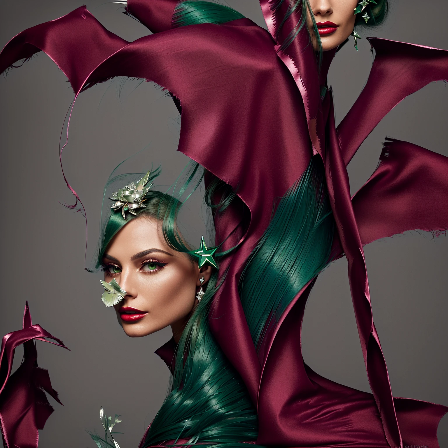 Master Piece, best quality, (extremely detailed CG unity 8k wallpaper), (best quality) 8k detail. painting of ONE beautiful woman with slick pulled back hair, green eye shadow, green eye lashes, shiny red star diamond hoop earing. red glossy lips,  she is wearing a cape with four pointed extensions coming out of the neck cowel.  the extensions have bend at a right angle, the extensions bend away from her face like flower petals.  the extensions have thin feather hairs on the surface, the body of the cape is silky leather.  illustrated by Paris Karounos