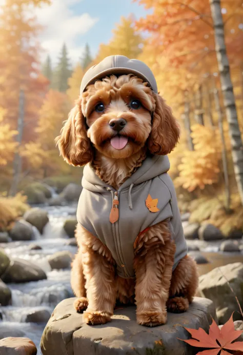 Create an adorable digital painting of a cute brown Cavapoodle with fluffy fur. The Cavapoodle is wearing an urban outfit, consi...