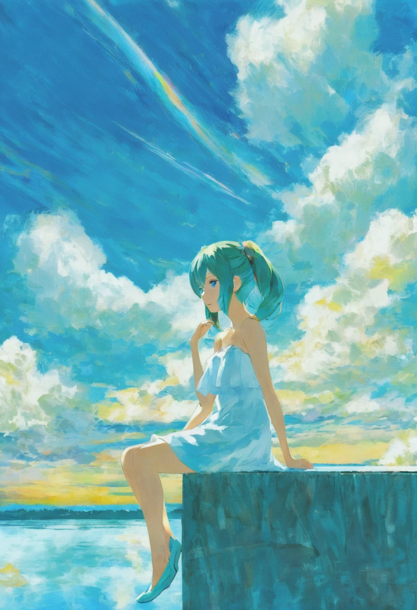 Hintergrund im Makoto Shinkai-Stil。
Hatsune Miku sitzt unter dem blauen Himmel。
Sie trägt ein weißes, schulterfreies Kleid。