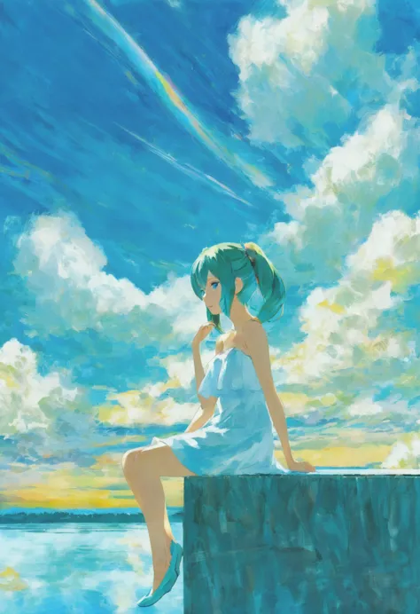 Makoto Shinkai-style background。
Hatsune Miku is sitting under the blue sky。
She is wearing a white off-the-shoulder dress。