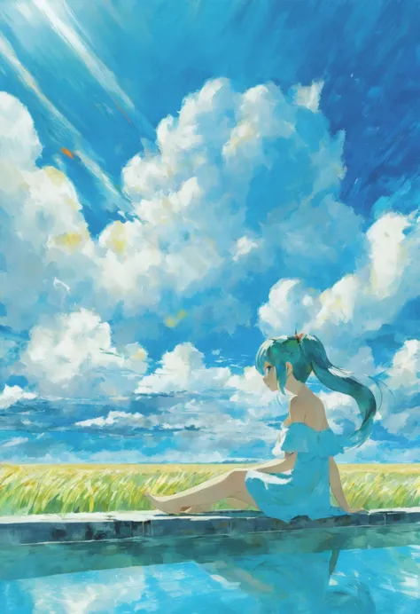 Makoto Shinkai-style background。
Hatsune Miku is sitting under the blue sky。
She is wearing a white off-the-shoulder dress。