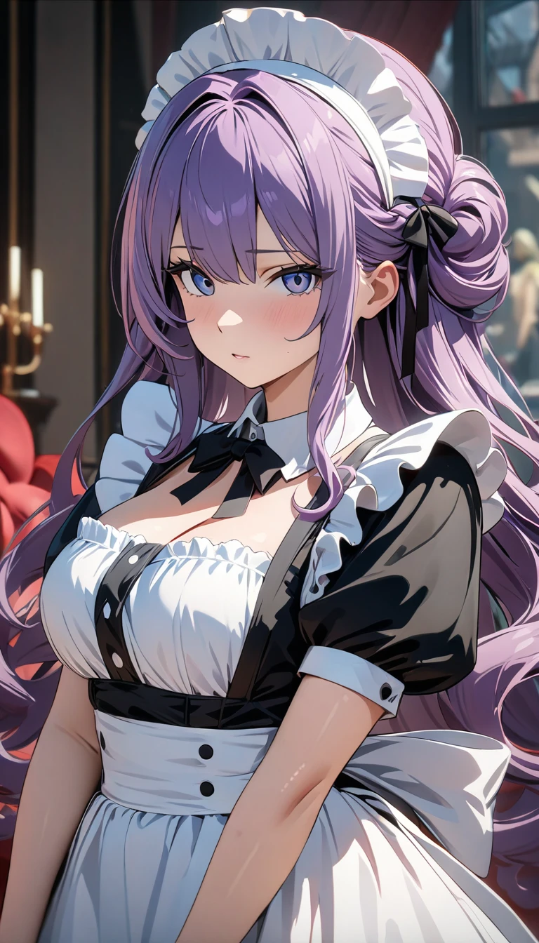 (((Best quality, 8k, Masterpiece: 1.3)), ((best quality)), ((masterpiece)), (detailed), perfect face, A maid girl with long purple hair, she looks at me, Her thick hair flows, A maid costume with frills. She serves at the royal court, high resolution, Textured skin, anime style