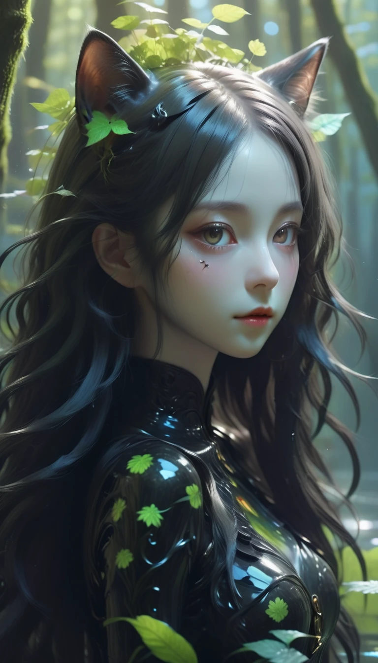 Black Cat Girl,(A girl made from fresh plants),forest,plant,Beautiful psychedelic psychedelic black complex,Cute face,Long Hair,8K、ゴールデンアワーのforest　Reflection on the lake