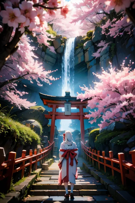 Shrine maiden,Girl with white hair，
Beautiful back view，waterfall，torii
, Symmetric, (Highest quality, Realistic:1.4, RAW Photos...