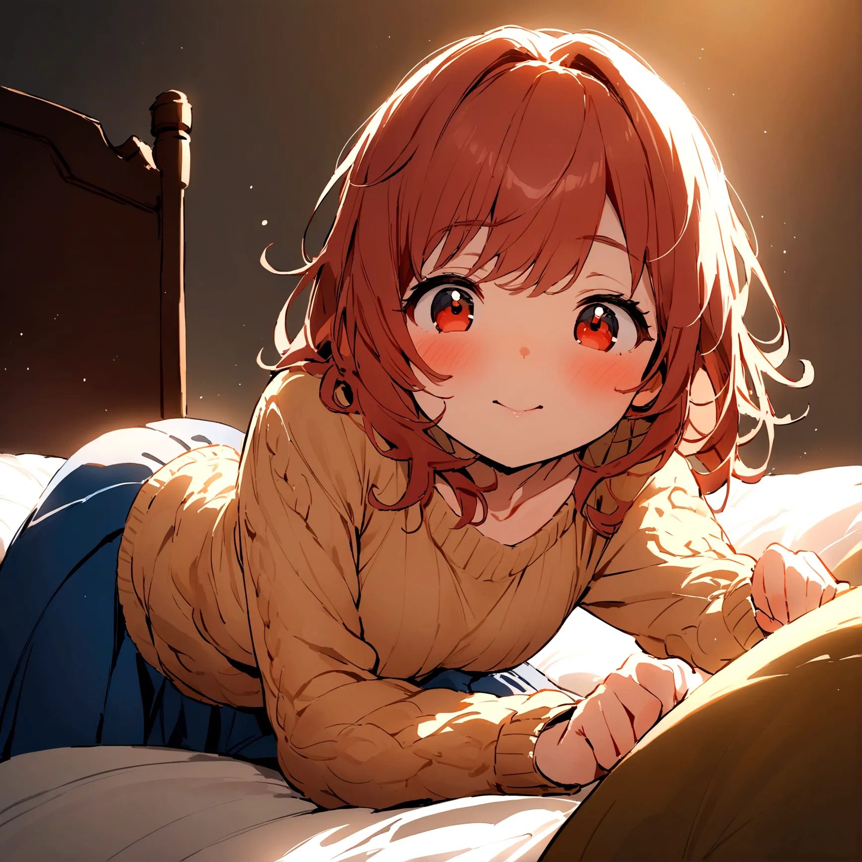 （masterpiece）（perfect quality）（gentle face）girl pours milk，cute face，Red cheeks，sweater，Blue skirt，next to the bed，soft light