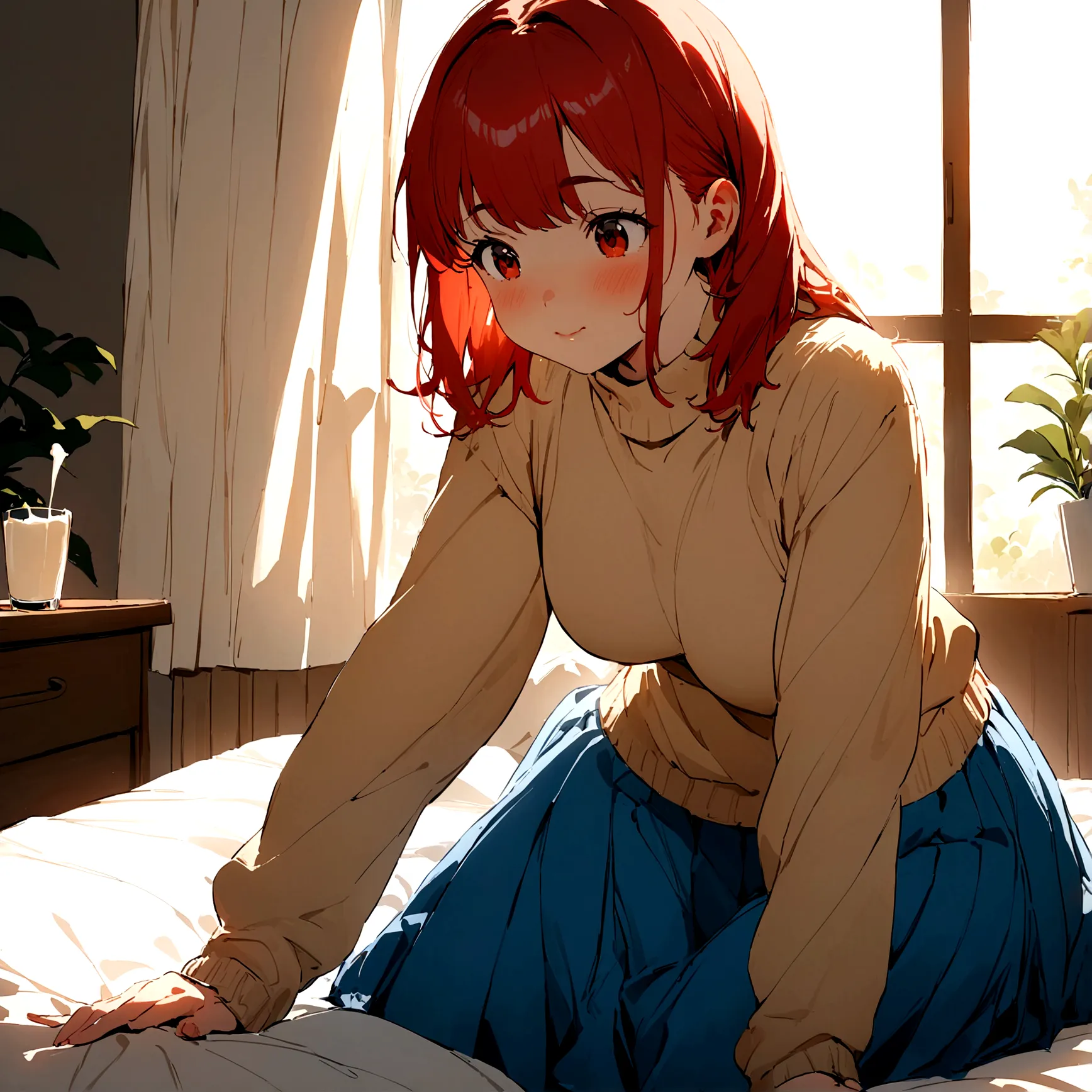 （masterpiece）（perfect quality）（gentle face）girl pours milk，cute face，Red cheeks，sweater，Blue skirt，next to the bed，soft light