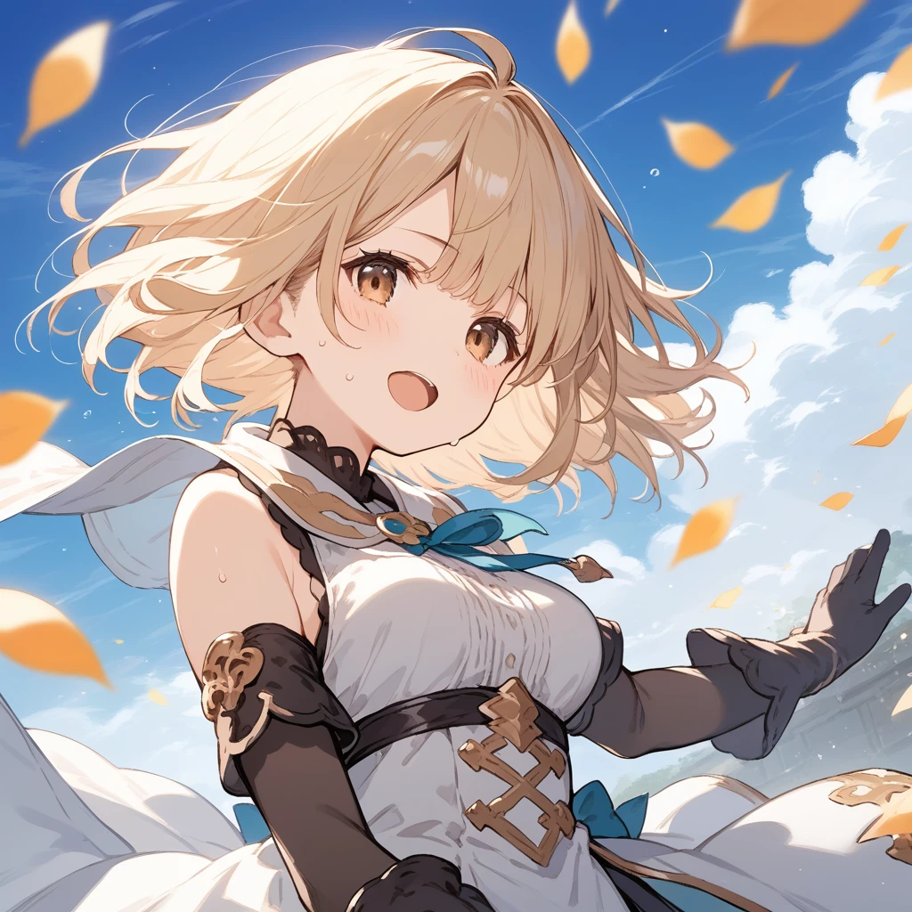 score_9, score_8_up, score_7_up, source_anime, best quality, masterpiece, official art, absurdres, highres, ultra-detailed,waifu2x,Collection: Slice of Life,break,djeeta \(granblue fantasy\),short hair, blonde hair, gloves, brown eyes, medium breasts, sweat, open mouth, sleepily,  outdoors, wind,break,(clear line illustration:1.2), super detailed skin,very high resolution, very aesthetic, Best sexual lighting powered by famous artist, 8k,cute picture,beauty illustration,photoshop_(medium),,(Detailed Lighting),best anime 8k konachan wallpaper, pixiv contest winner, 