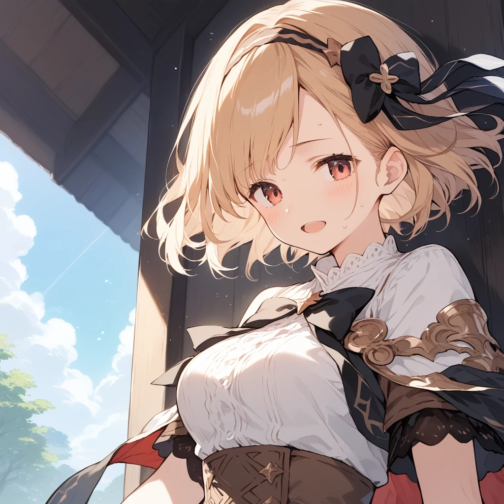 score_9, score_8_up, score_7_up, source_anime, best quality, masterpiece, official art, absurdres, highres, ultra-detailed,waifu2x,Collection: Slice of Life,break,djeeta \(granblue fantasy\),short hair, blonde hair, gloves, brown eyes, medium breasts, sweat, open mouth, sleepily,  outdoors, wind,break,(clear line illustration:1.2), super detailed skin,very high resolution, very aesthetic, Best sexual lighting powered by famous artist, 8k,cute picture,beauty illustration,photoshop_(medium),,(Detailed Lighting),best anime 8k konachan wallpaper, pixiv contest winner, 