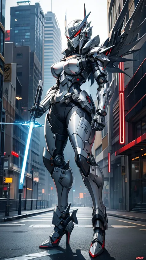 large armored girl，helmet，mask，silver armot，cybernetic wing mechanical wing，high heels，lightsaber，standing，frontal pose，cyberpun...