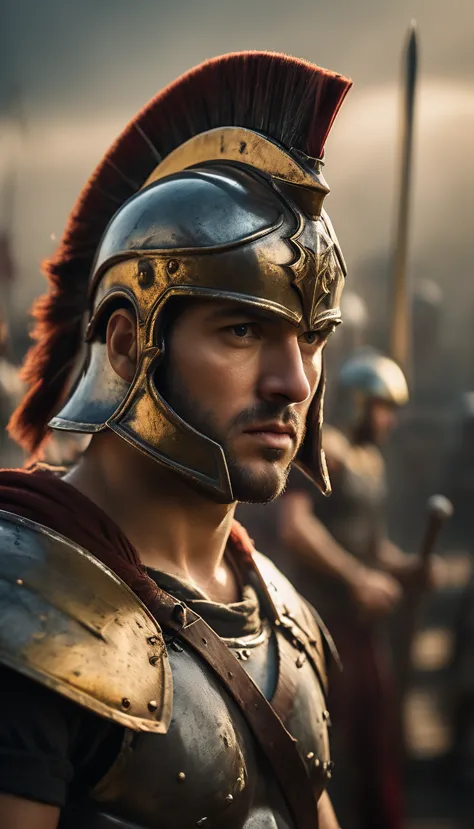 Show a Spartan warrior in a moment of quiet reflection, with his helmet off and a serene look on his face, battle atmosphere bac...