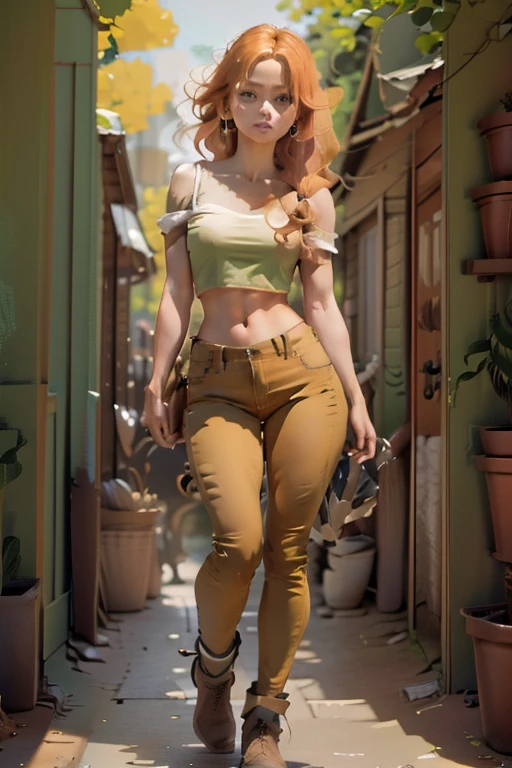 1945s full body photo shows a white woman, red hair, green shirt, abdomen exposed, brown jeans, small shoulder, slim waist, wide hips, thick legs, muscular body posing In sexy manner in front of a wall