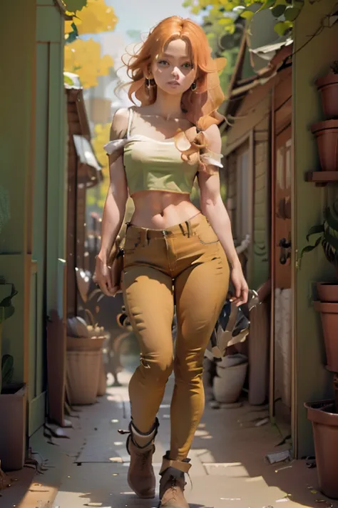 1945s full body photo shows a white woman, red hair, green shirt, abdomen exposed, brown jeans, small shoulder, slim waist, wide...