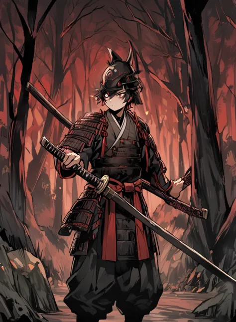 young man ,male dark, dark woods,red & black colors, odd eye, samurai dnd, ronin backfround, hold katana in right hand