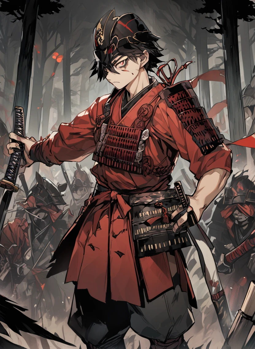 homem jovem ,masculino escuro, madeiras escuras,vermelho & cores pretas, Olho Estranho, Samurai dnd, fundo do ronin, segure a katana na mão direita