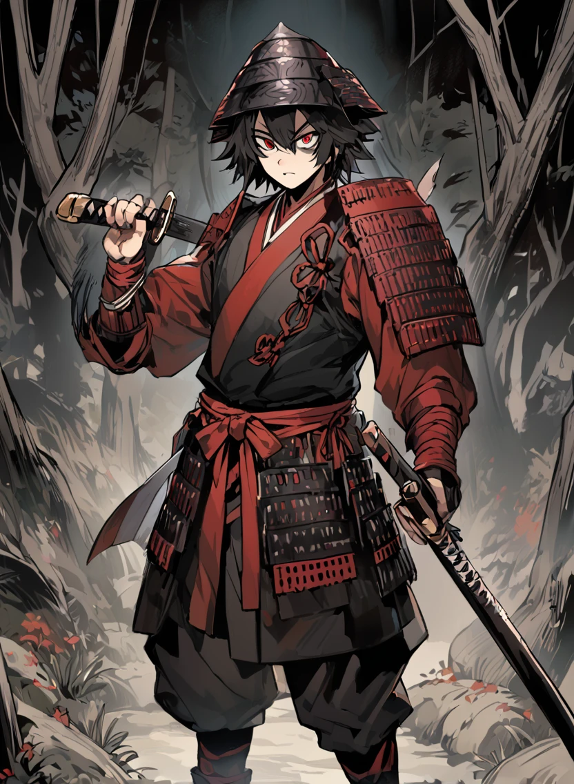 un jeune homme ,mâle foncé, bois sombres,rouge & Couleurs noires, Oeil étrange, samouraï dnd, fond de Ronin, tenir le katana dans la main droite