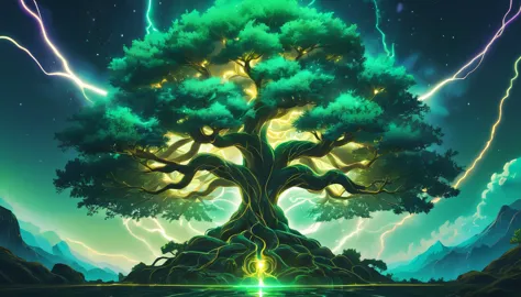 yggdrasil tree, universes green, gold, neon, cosmos, magic, infinity, aesthetic, beautiful, realistic, high detail, high resolut...