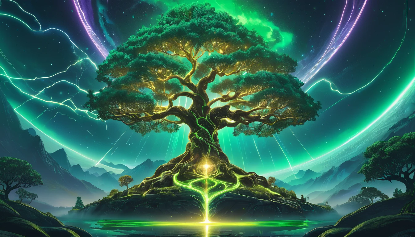 yggdrasil tree, universes green, gold, neon, cosmos, magic, infinity, aesthetic, beautiful, realistic, high detail, high resolution, neon lightning