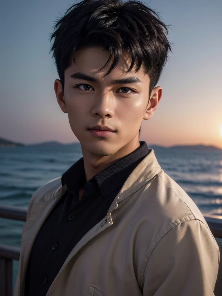 (photorealistic, masterpiece, 8K, HD, portrait, closing up on face, intricate details, soft lighting, absurdres), a handsome young vietnamese man, soldier, 25 years old, strong, brave, determined, confident, manly, intimidating, mischievous, hot, attractive, smirking, detailed face, brown eyes, detailed eyes, sharp eyes, looking at viewer, wearing a jacket with rolled up sleeves over a shirt, casual wear, tanned skin, fit, black hair, short hair, spiky hair, outdoors, pier, dawn, stars, constellation, cosmical, dreamy world, surrealism, ethereal