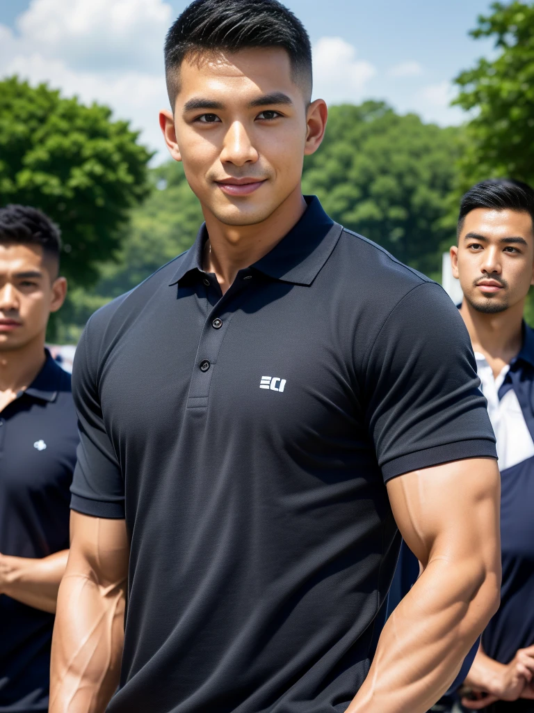 (Create a masterpiece: 1.2),(CGI art:1.3),(realistic:1.5),(After processing:1.3),(Sharp focus:1.3),10,1 man, smile, (Wear a dark gray polo shirt.), Navy cargo pants, Korean guy , korean men, (High gloss details), chest muscles, large arm muscles, blood vessel, Big muscles, Broad shoulders, looking at the audience, Balancing the eyes, rice field