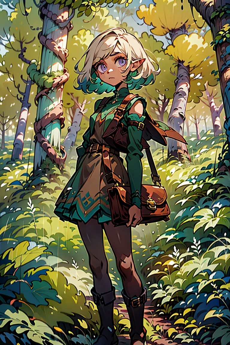 masterpiece, absurdres, 1girl, cowboyshot, tachi-e, mature woman, best aesthetics, small breasts, narrow hips, thin thighs, dark hair, narrow eyes, slanted eyes, brown skin, knee-length dress, round nose, very detailed face, clean lines, dynamic pose, anatomically correct, hyperdetailed, forest atmosphere, beige eyeshadow, clean makeup, violet eyes, detailed hair, sparkling eyes, nature, magic, fantasy, medieval, high fantasy, leather stockings, comfy, cozy, tsurime eyes, SFW, tunic dress, arms by side, outdoors, trees in background, simple bob haircut, messy bangs, hair framing face, straight hair, elf, adult woman, brown dress, green vest, inked comic, comic art, ankle boots, cell shading, cartoon style, tanned skin, broad shoulders, leather satchel, forest mage