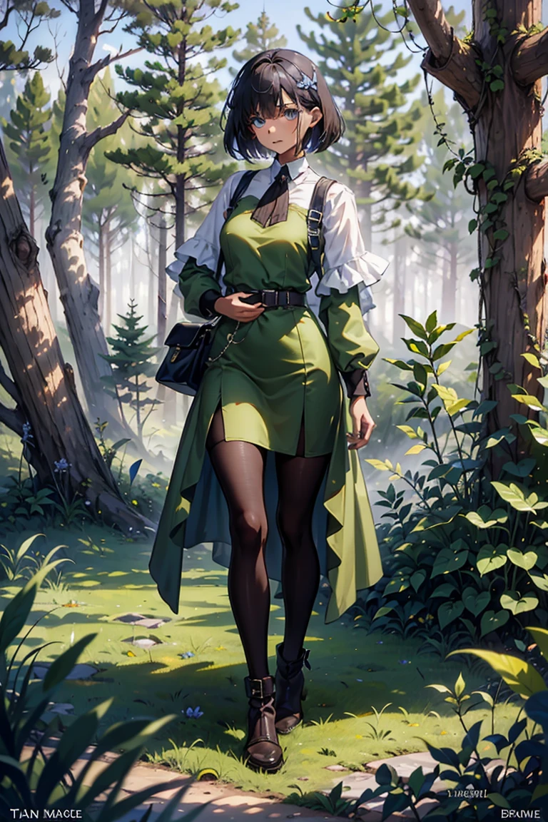 masterpiece, absurdres, 1girl, cowboyshot, tachi-e, mature woman, best aesthetics, small breasts, narrow hips, thin thighs, dark hair, narrow eyes, slanted eyes, brown skin, knee-length dress, round nose, very detailed face, clean lines, dynamic pose, anatomically correct, hyperdetailed, forest atmosphere, beige eyeshadow, clean makeup, violet eyes, detailed hair, sparkling eyes, nature, magic, fantasy, medieval, high fantasy, leather stockings, comfy, cozy, tsurime eyes, SFW, tunic dress, arms by side, outdoors, trees in background, simple bob haircut, messy bangs, hair framing face, straight hair, elf, adult woman, brown dress, green vest, inked comic, comic art, ankle boots, cell shading, cartoon style, tanned skin, broad shoulders, leather satchel, forest mage