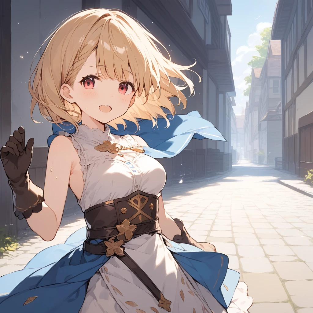 score_9, score_8_up, score_7_up, source_anime, best quality, masterpiece, official art, absurdres, highres, ultra-detailed,waifu2x,Collection: Slice of Life,break,djeeta \(granblue fantasy\),short hair, blonde hair, gloves, brown eyes, medium breasts, sweat, open mouth, sleepily,  outdoors, wind,break,(clear line illustration:1.2), super detailed skin,very high resolution, very aesthetic, Best sexual lighting powered by famous artist, 8k,cute picture,beauty illustration,photoshop_(medium),,(Detailed Lighting),best anime 8k konachan wallpaper, pixiv contest winner, 