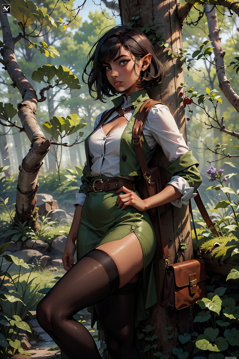 masterpiece, absurdres, 1girl, cowboyshot, tachi-e, mature woman, best aesthetics, small breasts, narrow hips, thin thighs, dark hair, narrow eyes, slanted eyes, brown skin, knee-length dress, round nose, very detailed face, clean lines, dynamic pose, anatomically correct, hyperdetailed, forest atmosphere, beige eyeshadow, clean makeup, violet eyes, detailed hair, sparkling eyes, nature, magic, fantasy, medieval, high fantasy, leather stockings, comfy, cozy, tsurime eyes, SFW, tunic dress, arms by side, outdoors, trees in background, simple bob haircut, messy bangs, hair framing face, straight hair, elf, adult woman, brown dress, green vest, inked comic, comic art, ankle boots, cell shading, cartoon style, tanned skin, broad shoulders, leather satchel, forest mage, dark skin