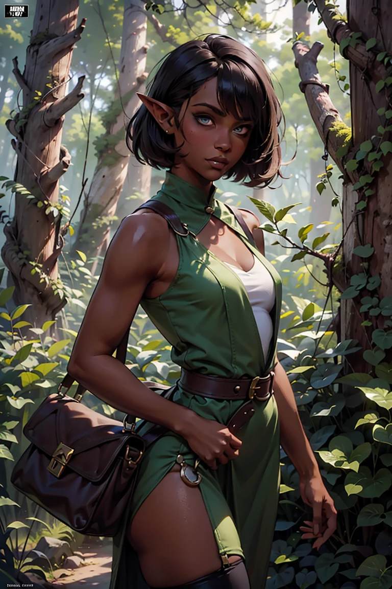 masterpiece, absurdres, 1girl, cowboyshot, tachi-e, mature woman, best aesthetics, small breasts, narrow hips, thin thighs, dark hair, narrow eyes, slanted eyes, brown skin, knee-length dress, round nose, very detailed face, clean lines, dynamic pose, anatomically correct, hyperdetailed, forest atmosphere, beige eyeshadow, clean makeup, violet eyes, detailed hair, sparkling eyes, nature, magic, fantasy, medieval, high fantasy, leather stockings, comfy, cozy, tsurime eyes, SFW, tunic dress, arms by side, outdoors, trees in background, simple bob haircut, messy bangs, hair framing face, straight hair, elf, adult woman, brown dress, green vest, inked comic, comic art, ankle boots, cell shading, cartoon style, tanned skin, broad shoulders, leather satchel, forest mage, dark skin