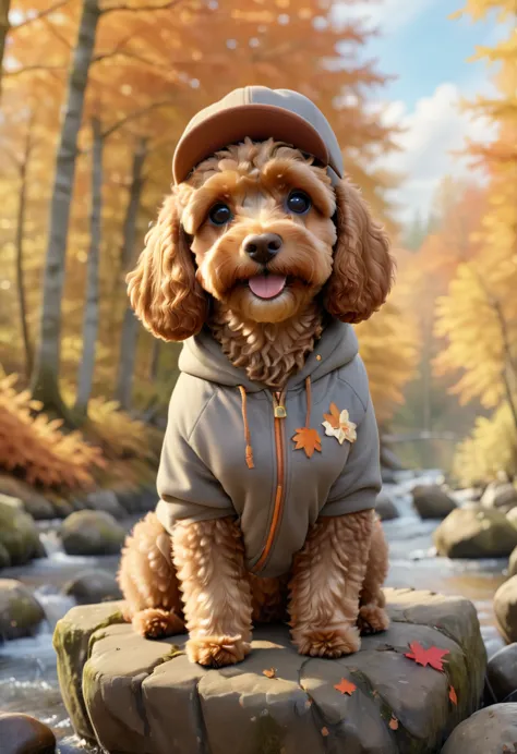 A cute brown Cavapoodle with fluffy fur wearing an urban outfit, one hoodie, and a classic flat cap, sitting on a rock by a pict...