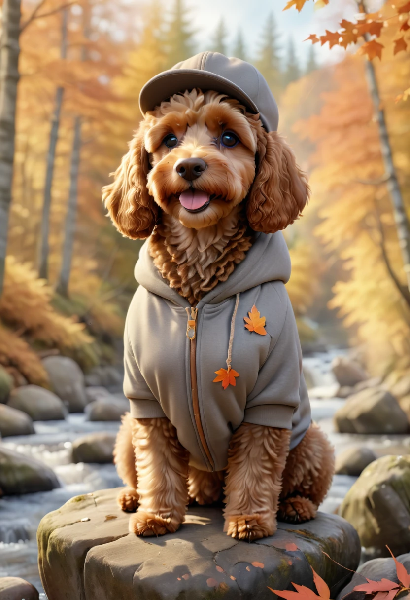 A cute brown Cavapoodle with fluffy fur wearing an urban outfit, one hoodie, and a classic flat cap, sitting on a rock by a picturesque autumn forest with colorful falling leaves and a serene river flowing nearby. The background is natural and tranquil, with an autumnal theme. Adorable Digital Painting, 3D rendered, warm lighting, vibrant colors, outside in the fall season