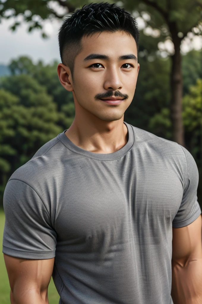 Masterpiece, best quality, high resolution, realistic, handsome, Take beautiful photos, Sayk, NRF, Photo of the 35 year old gym association (The man has a thin mustache.:1.2) Portrait, Standing on the edge of a field with grass , make military media, weight, Amazing , Buzzcut short hair,stubble head , (Hyper Muscle),looking at the audience, Flirt with the camera, charming, (Tight gray exercise shirt ),(GS-Male:1), 8K,Bokeh,Portrait,look at the viewer,