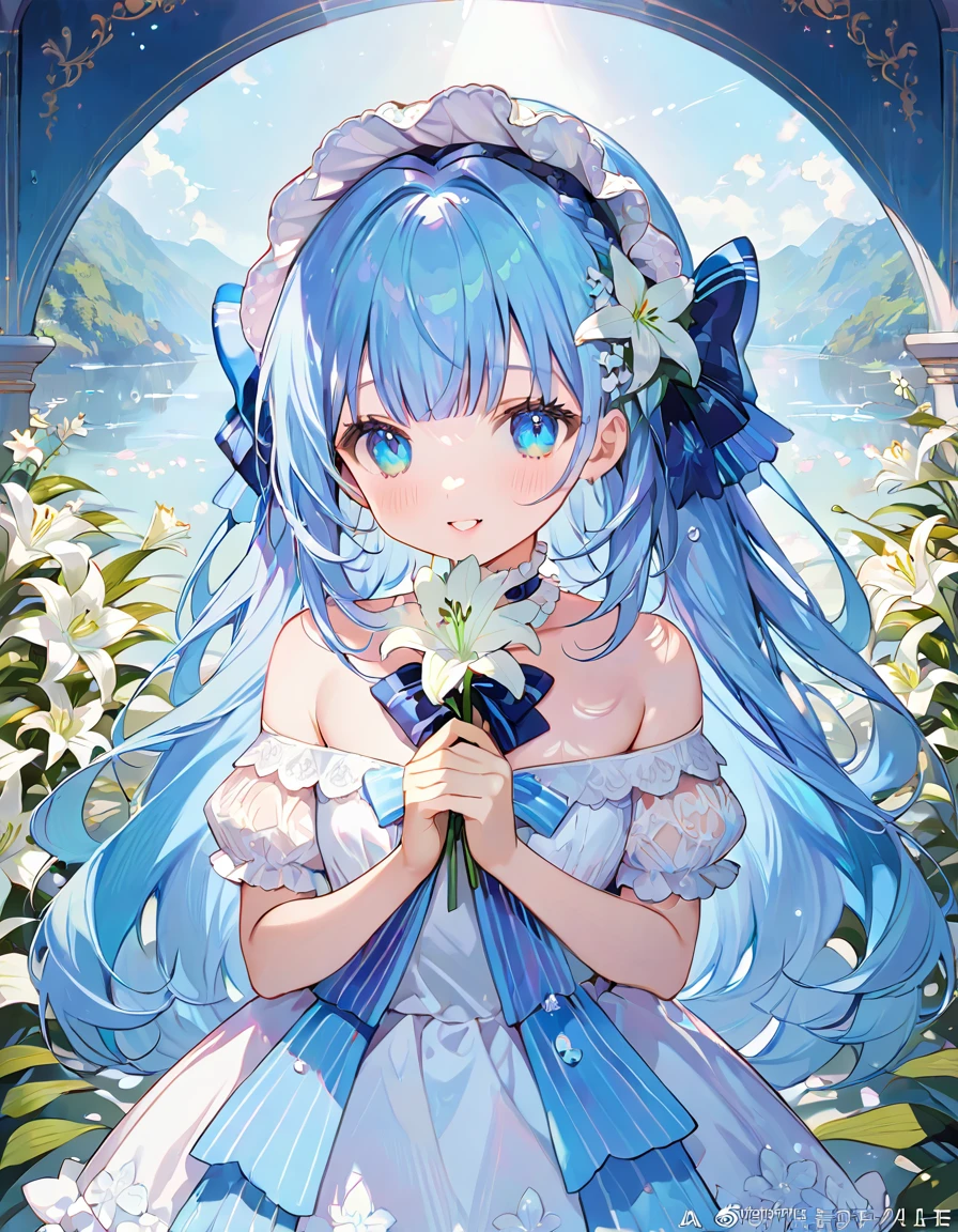 masterpiece, best quality, extremely detailed, (illustration, official art:1.1),adorable  face、 1 girl ,(((( light blue long hair)))),pale blue hair,, long hair ((blush)) , cute face, big eyes, masterpiece, best quality,(((((a very delicate and beautiful girl))))),Amazing,beautiful detailed eyes,blunt bangs((((little delicate girl)))),tareme(true beautiful:1.2), sense of depth,dynamic angle,,,, affectionate smile, (true beautiful:1.2),,(tiny 1girl model:1.2),)(flat chest)、(masterpiece,8k wallpaper, best quality),(best illumination, best shadow, an extremely delicate and beautiful), flower,1girl,white flower,blue flower,long hair,,solo, bubble,dress,,(((lily))) \(flower\), rainbow, bare shoulders,parted lips,water drop,animal,collarbone,blue eyes,very long hair,off shoulder, white dress,air bubble,looking at viewer,bangs,braid,pink flower,holding flower,short sleeves,breasts,hair between eyes,bow,puffy sleeves, off-shoulder dress,blue bow,puffy short sleeves, lolita fashion,frilled dress,frilled blue choker,
