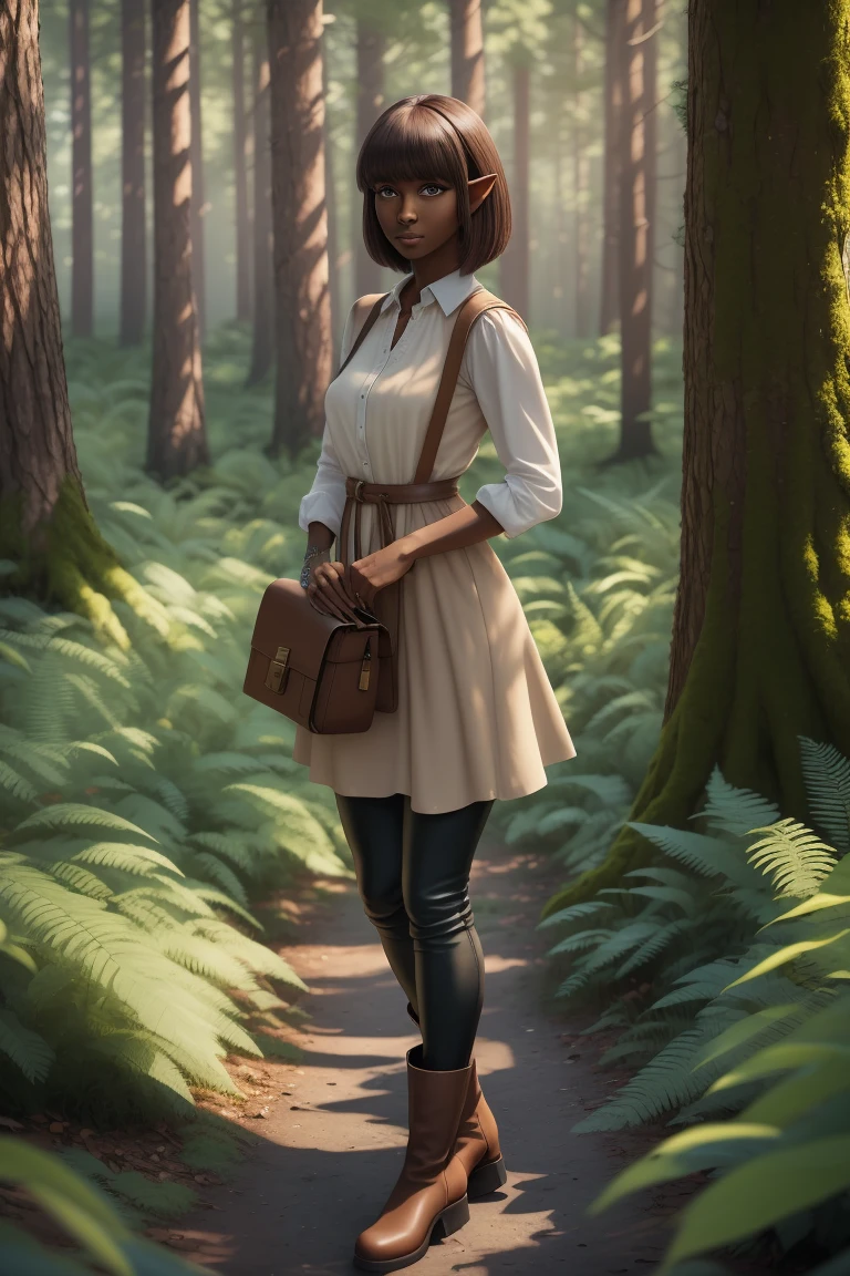 masterpiece, absurdres, 1girl, cowboyshot, tachi-e, mature woman, best aesthetics, small breasts, narrow hips, thin thighs, dark hair, narrow eyes, slanted eyes, brown skin, knee-length dress, round nose, very detailed face, clean lines, dynamic pose, anatomically correct, hyperdetailed, forest atmosphere, beige eyeshadow, clean makeup, violet eyes, detailed hair, sparkling eyes, nature, magic, fantasy, medieval, high fantasy, leather leggings, comfy, cozy, tsurime eyes, SFW, tunic dress, arms by side, outdoors, trees in background, simple bob haircut, messy bangs, hair framing face, straight hair, elf, adult woman, brown dress, green vest, inked comic, comic art, ankle boots, cell shading, cartoon style, tanned skin, broad shoulders, leather satchel, forest mage, dark skin