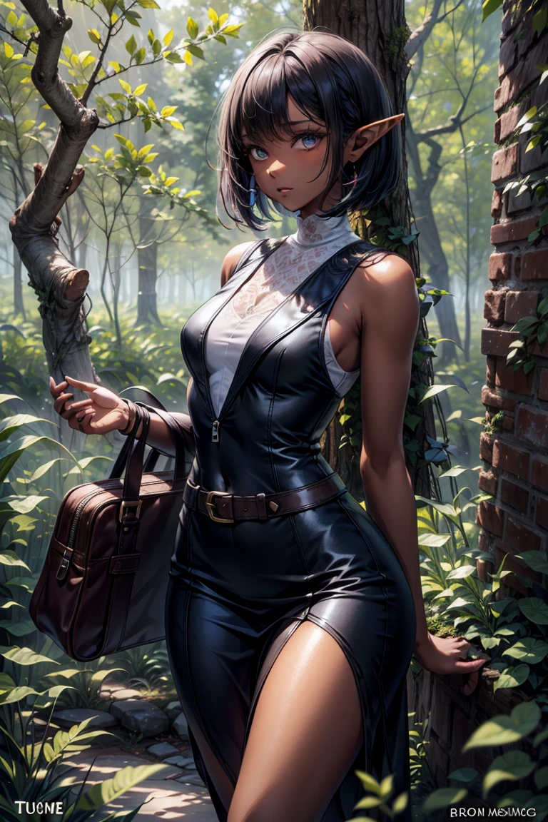 masterpiece, absurdres, 1girl, cowboyshot, tachi-e, mature woman, best aesthetics, small breasts, narrow hips, thin thighs, dark hair, narrow eyes, slanted eyes, brown skin, knee-length dress, round nose, very detailed face, clean lines, dynamic pose, anatomically correct, hyperdetailed, forest atmosphere, beige eyeshadow, clean makeup, violet eyes, detailed hair, sparkling eyes, nature, magic, fantasy, medieval, high fantasy, leather leggings, comfy, cozy, tsurime eyes, SFW, tunic dress, arms by side, outdoors, trees in background, simple bob haircut, messy bangs, hair framing face, straight hair, elf, adult woman, brown dress, green vest, inked comic, comic art, ankle boots, cell shading, cartoon style, tanned skin, broad shoulders, leather satchel, forest mage, dark skin