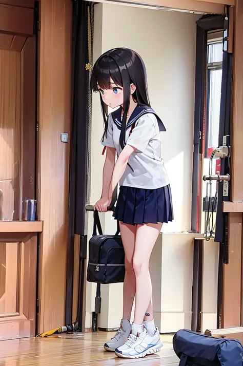 a female student in a sailor uniform is watching a physical education class in the gymnasium because she is feeling unwell