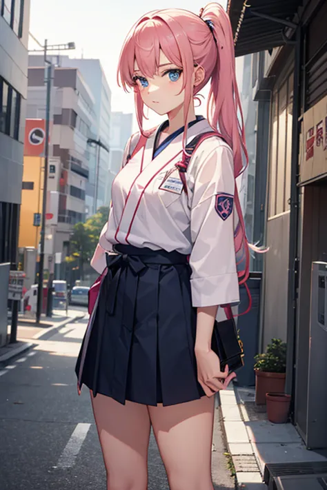 a beautiful 17-year-old girl with a slender figure、pink hair in a ponytail、blue eyes、wearing a japanese  uniform、standing in fro...