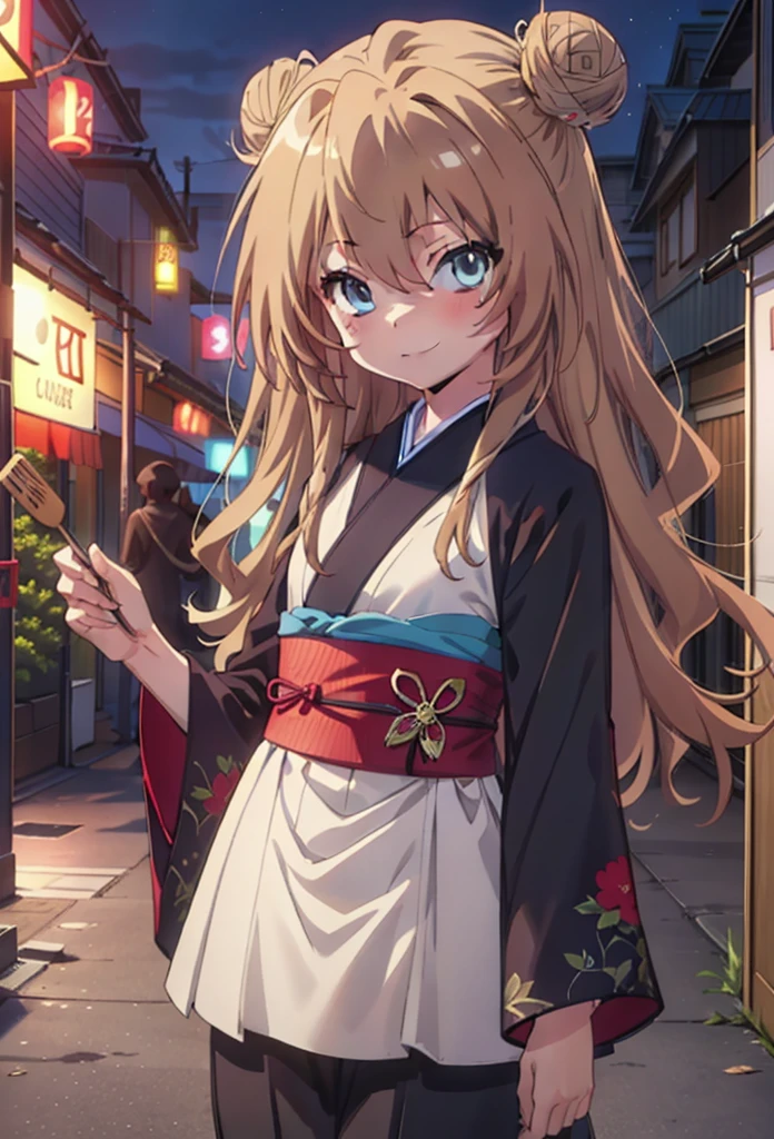 taiga aisaka, taiga aisaka, Long Hair, Brown Hair, Brown eyes,happy smile, smile, Close your mouth,Hair Bun, single  Hair Bun,Black kimono,Thick sleeves,,Japanese Festivals,Summer festival food stalls,Red lantern,night,As if your whole body is in the illustration,Walking,　　　　　　　　　　　　　　　  break looking at viewer, Upper Body (Cowboy Shot:1. 5),  　　　　　
break outdoors, Area,
break (masterpiece:1.2), Highest quality, High resolution, unity 8k wallpaper, (shape:0.8), (Beautiful attention to detail:1.6), Highly detailed face, Perfect lighting, Highly detailed CG, (Perfect hands, Perfect Anatomy),